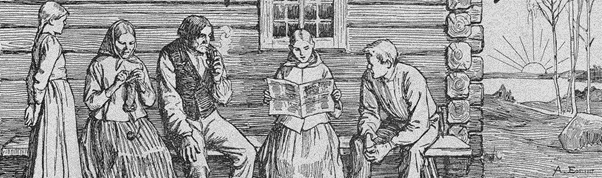 Viisi henkilöä istumassa seinän vierusalla, nuori nainen lukee lehteä ja toiset kuuntelevat.