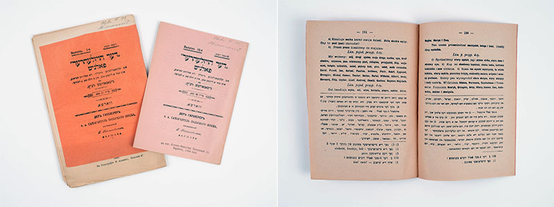 Vasemmanpuoleisessa kuvassa on kaksi kirjaa, joiden kansitiedot on painettu heprealaisin kirjasimin. Oikeanpuoleisessa kuvassa on avattuna kirja, jossa on puolan- ja jiddišinkielistä tekstiä.